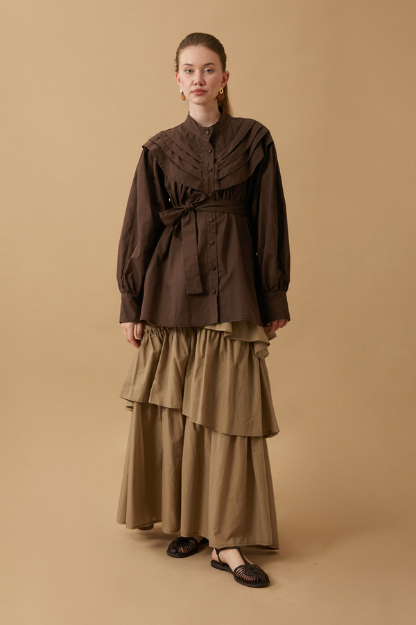 Roza Nervürlü Gömlek Kahverengi - 10