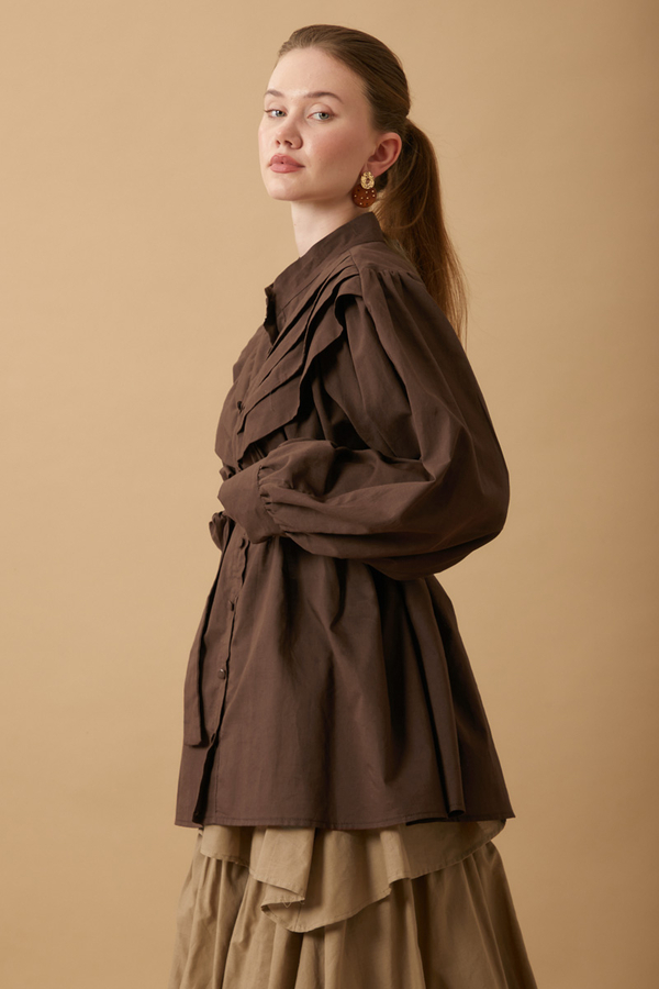 Roza Nervürlü Gömlek Kahverengi - 11