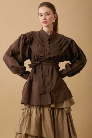 Roza Nervürlü Gömlek Kahverengi - 7