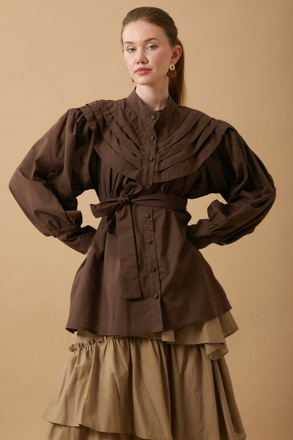 Roza Nervürlü Gömlek Kahverengi - 7