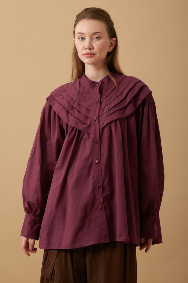 Roza Pin Tucked Shirt Burgundy  - 3
