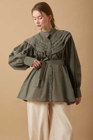 Roza Nervürlü Gömlek Haki - 3