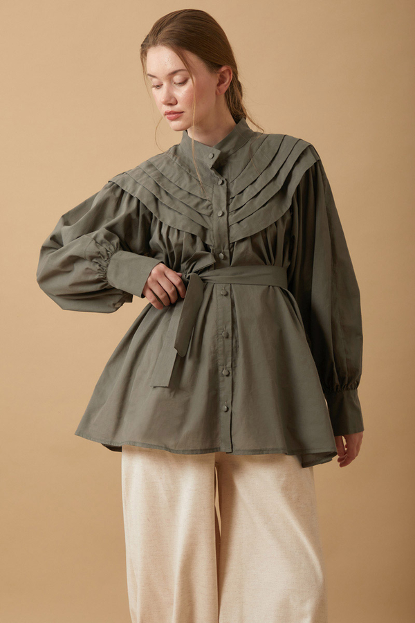 Roza Nervürlü Gömlek Haki - 3