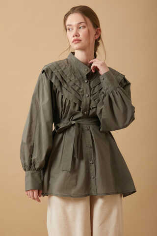 Roza Nervürlü Gömlek Haki - 1