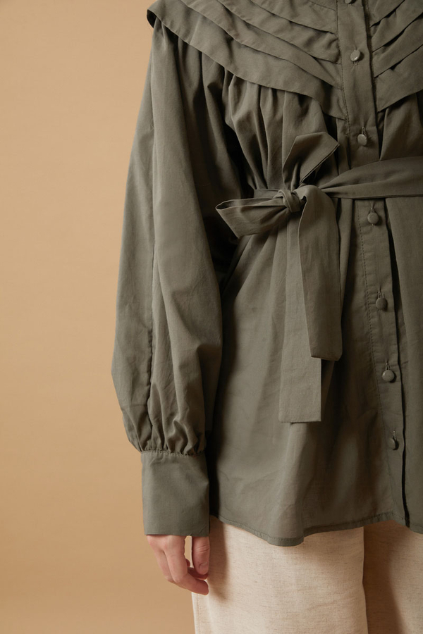 Roza Nervürlü Gömlek Haki - 5