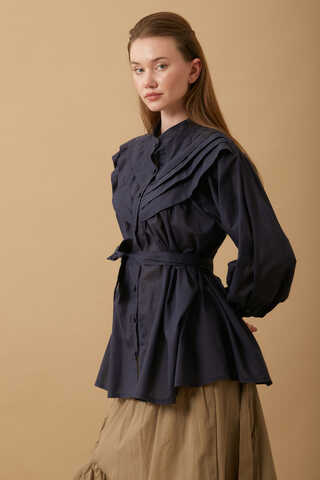 Roza Pin Tucked Shirt Navy Blue  - 1