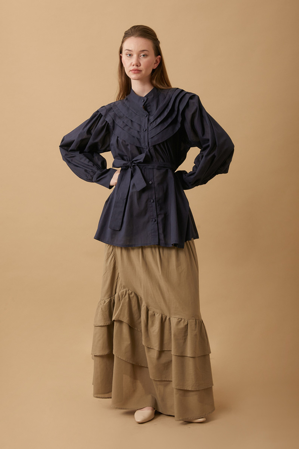 Roza Pin Tucked Shirt Navy Blue  - 3