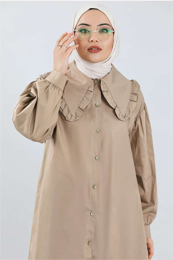 Frill Collar Poplin Shirt Dark Mink - 1