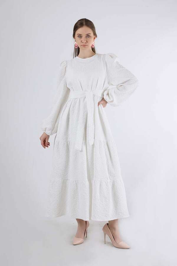 Ruffle Detailed Dress Ecru - 1