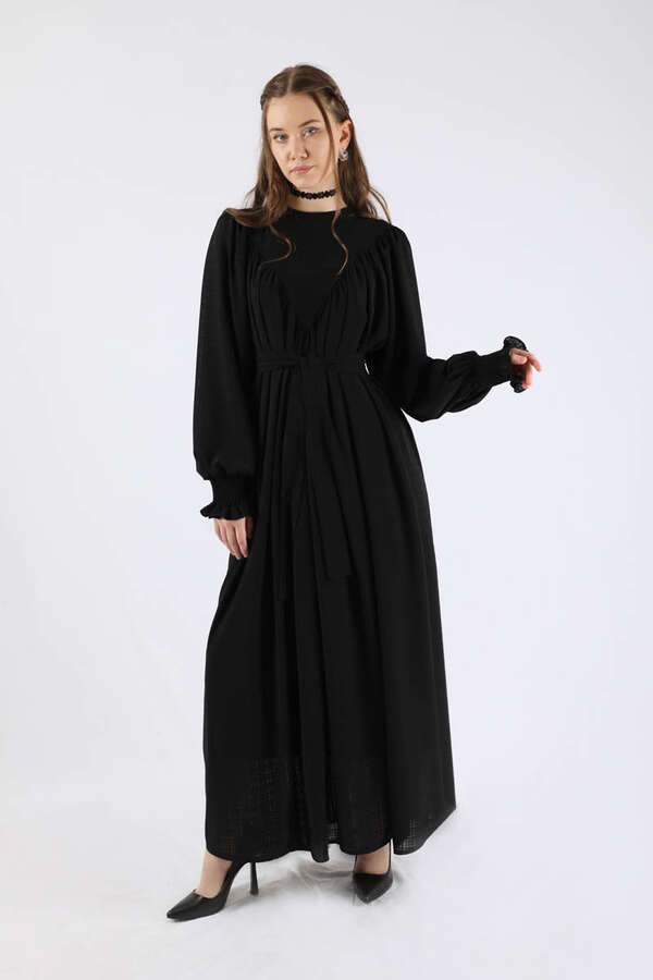 Ruffle Detailed Pleated Dress Black - 3