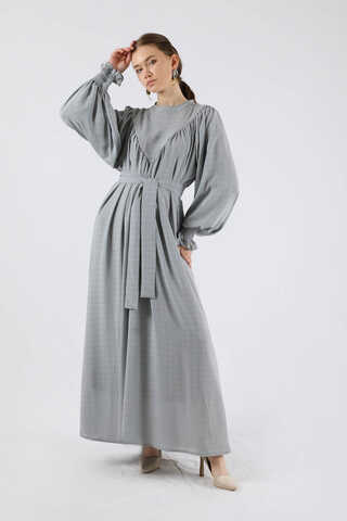 Ruffle Detailed Pleated Dress Gray - 3