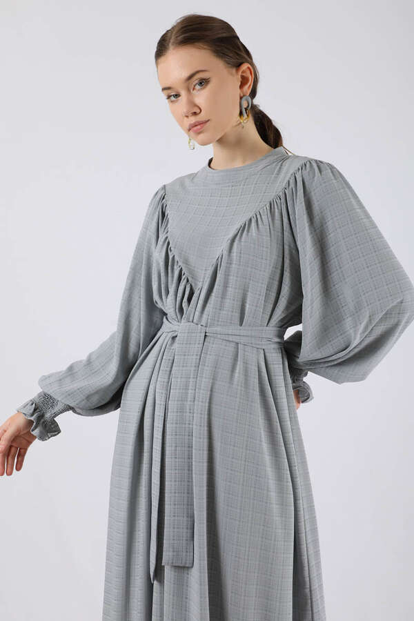 Ruffle Detailed Pleated Dress Gray - 2