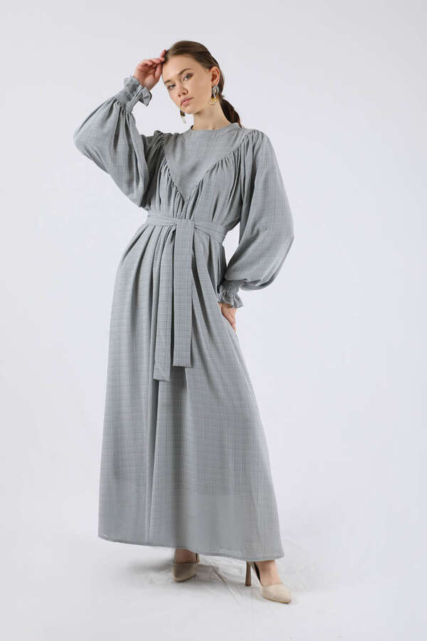 Ruffle Detailed Pleated Dress Gray - 3