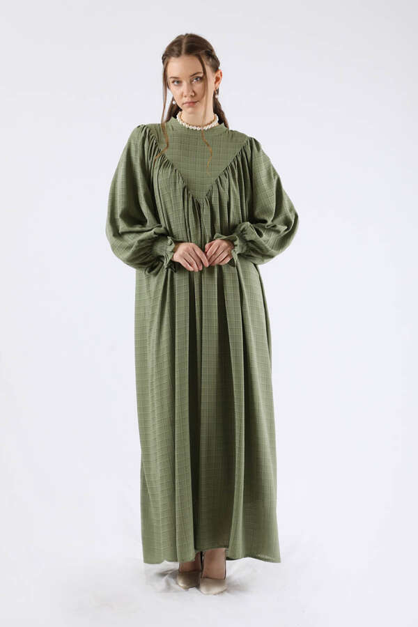 Ruffle Detailed Pleated Dress Khaki - 1