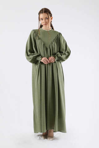 Ruffle Detailed Pleated Dress Khaki - 1