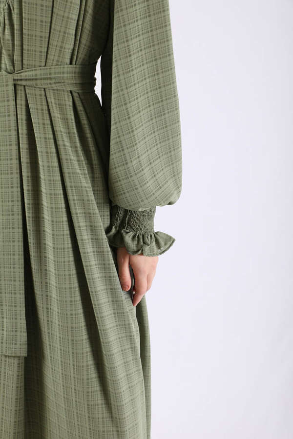 Ruffle Detailed Pleated Dress Khaki - 4