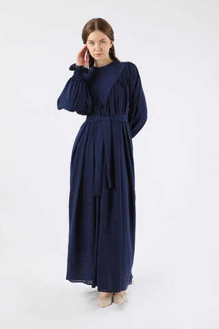 Ruffle Detailed Pleated Dress Navy Blue - 1