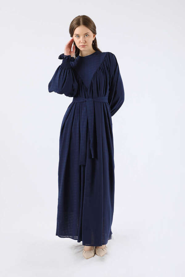 Ruffle Detailed Pleated Dress Navy Blue - 1