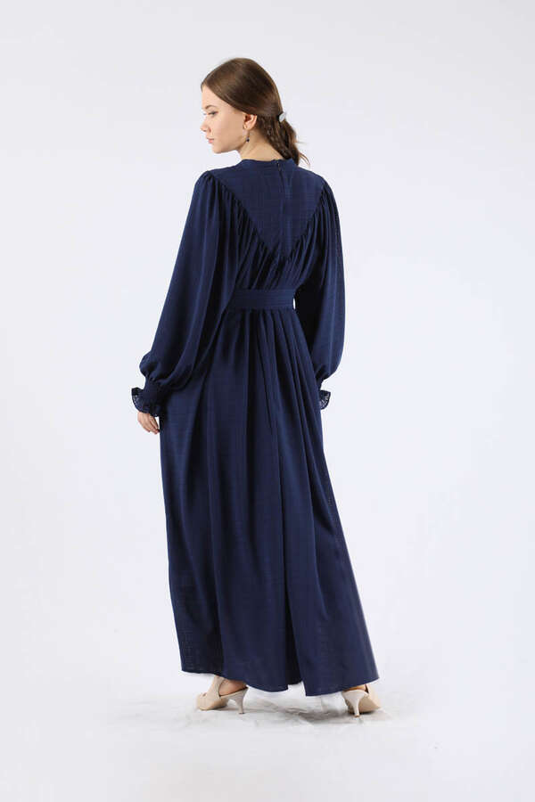 Ruffle Detailed Pleated Dress Navy Blue - 5