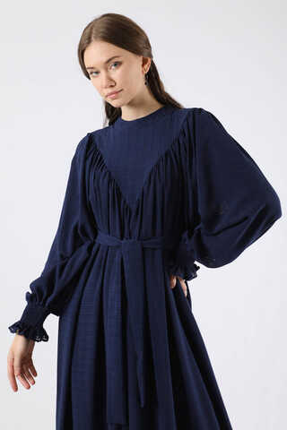 Ruffle Detailed Pleated Dress Navy Blue - 2