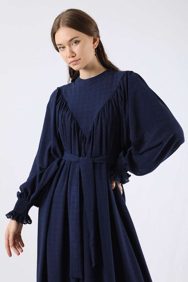 Ruffle Detailed Pleated Dress Navy Blue - 2