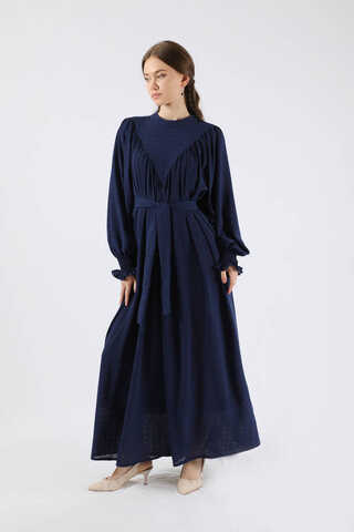 Ruffle Detailed Pleated Dress Navy Blue - 3