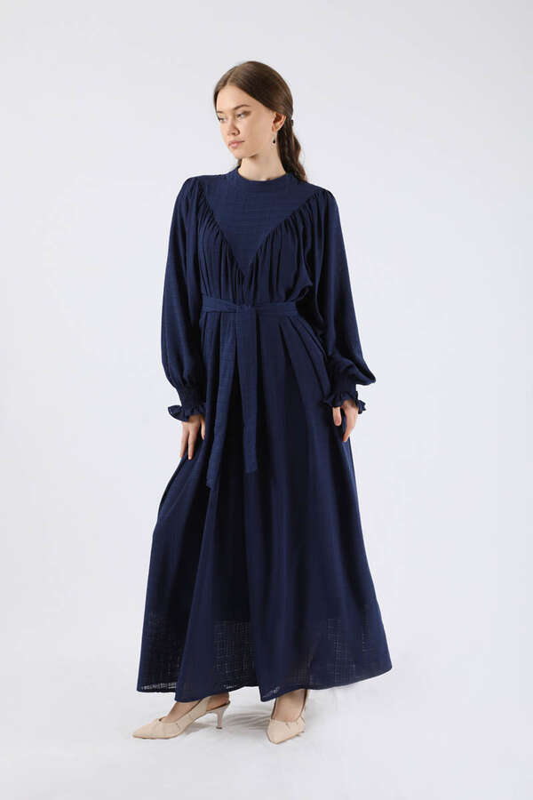 Ruffle Detailed Pleated Dress Navy Blue - 3