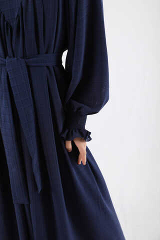 Ruffle Detailed Pleated Dress Navy Blue - 4