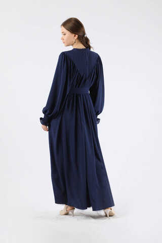Ruffle Detailed Pleated Dress Navy Blue - 5