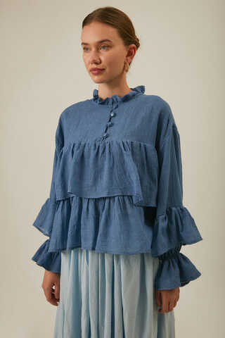 Ruffled Voile Blouse Indigo - 8