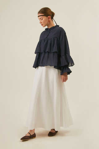Ruffled Voile Blouse Navy Blue - 3