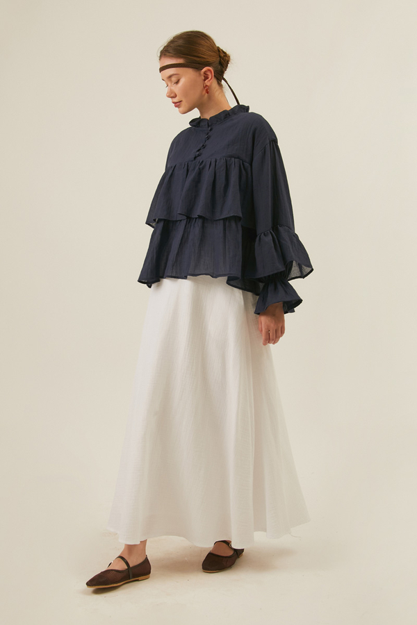 Ruffled Voile Blouse Navy Blue - 3