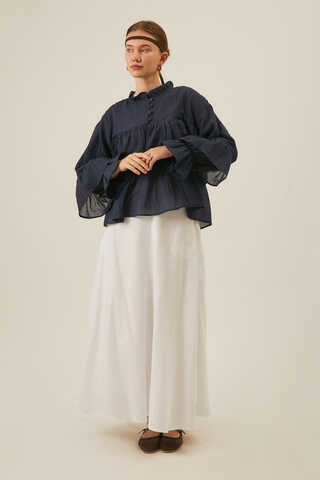 Ruffled Voile Blouse Navy Blue - 6