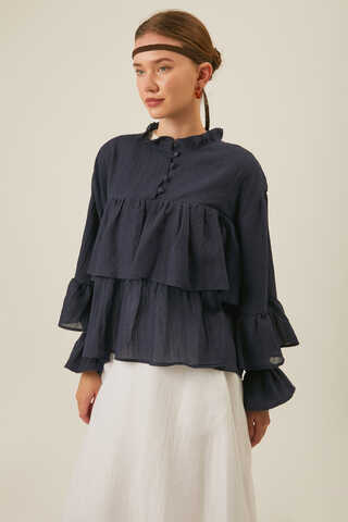 Ruffled Voile Blouse Navy Blue - 1