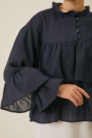 Ruffled Voile Blouse Navy Blue - 8