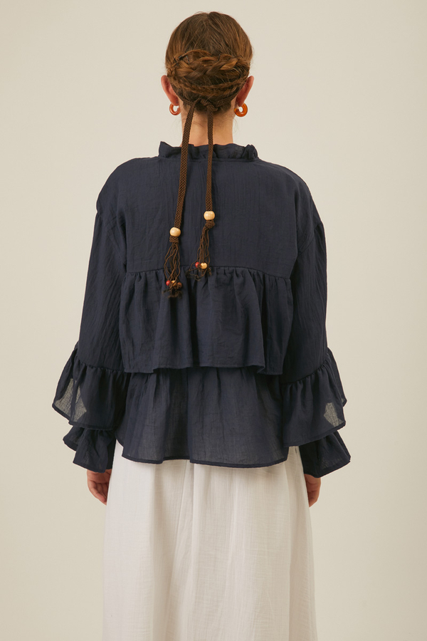 Ruffled Voile Blouse Navy Blue - 10