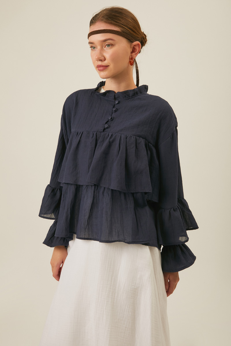 Ruffled Voile Blouse Navy Blue