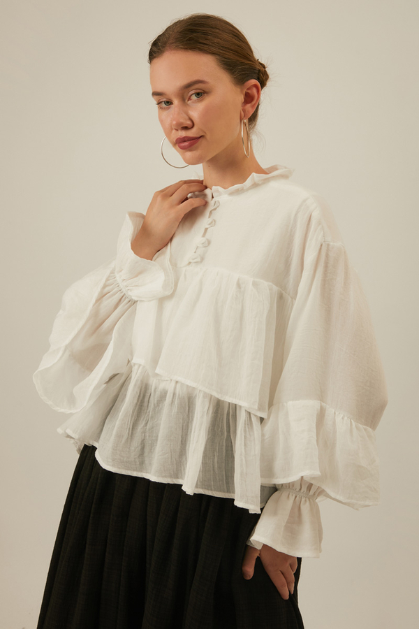 Ruffled Voile Blouse White - 15