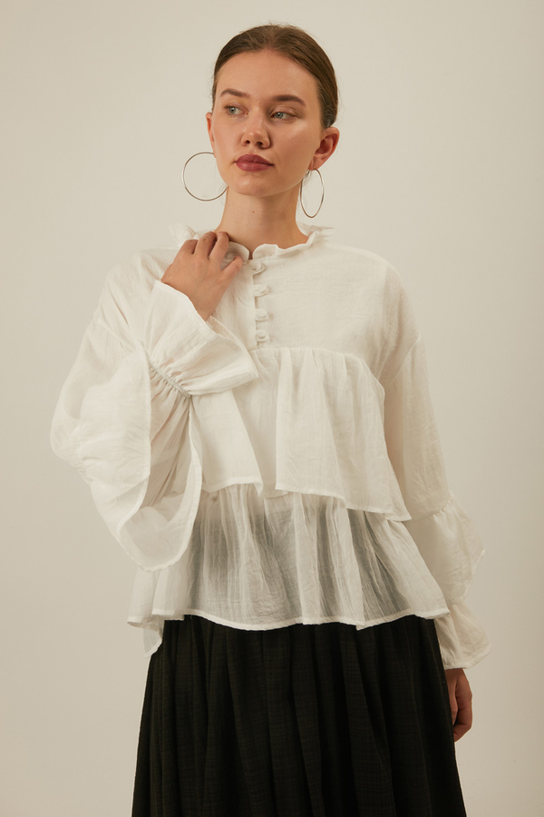 Ruffled Voile Blouse White - 12