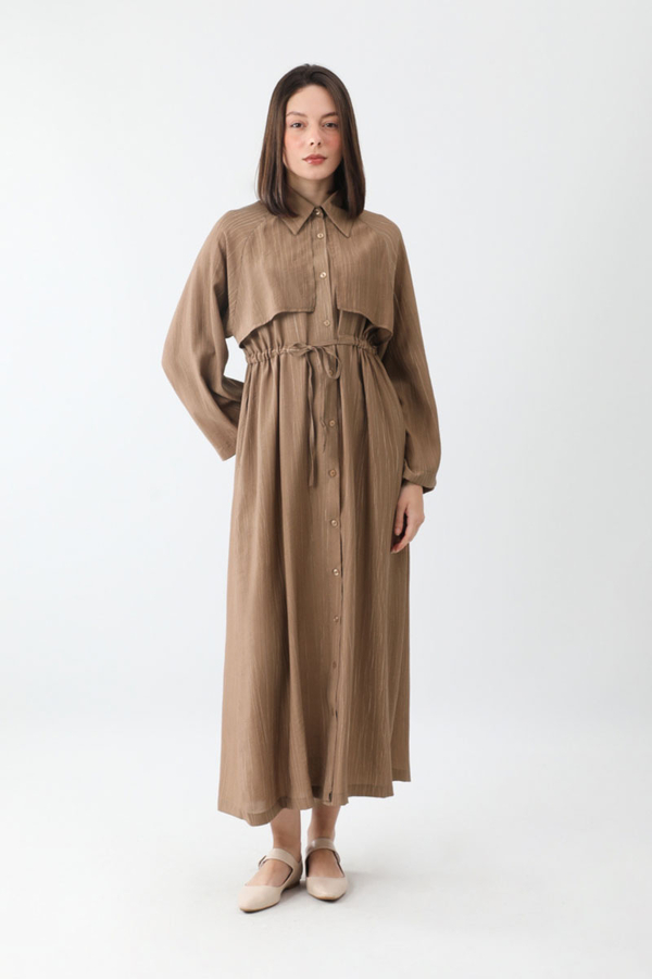 Rüzgarlıklı Gömlek Elbise Taba - 3