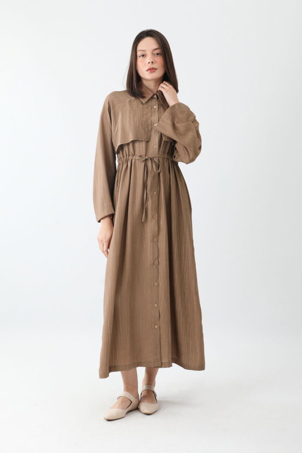 Rüzgarlıklı Gömlek Elbise Taba - 5