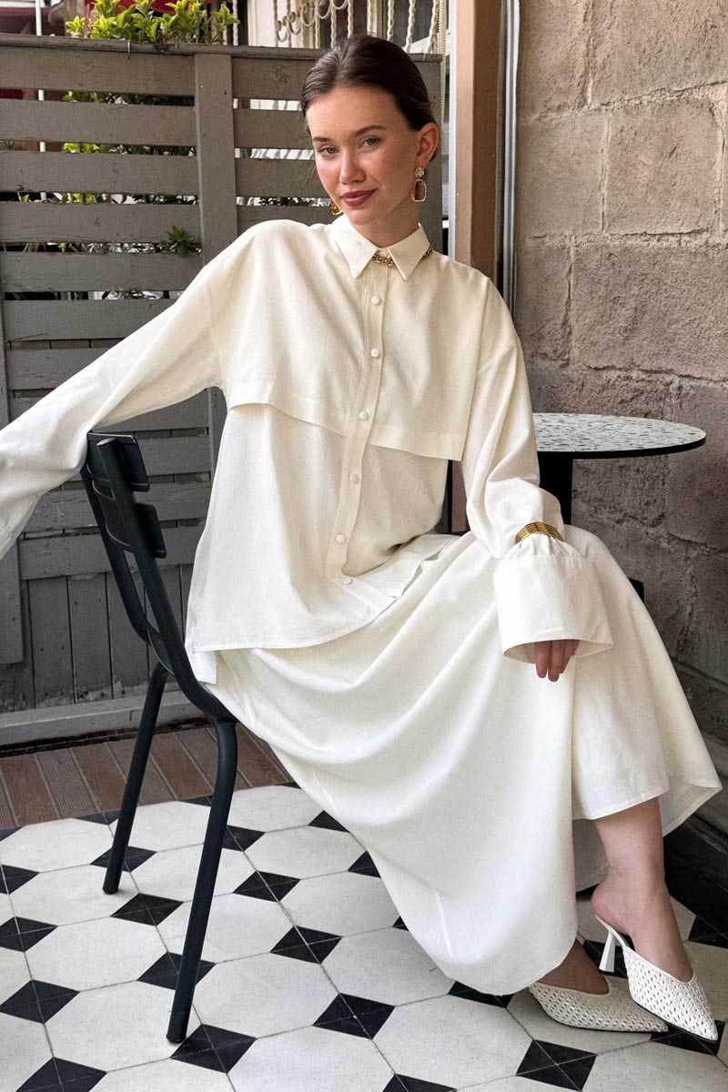 Rüzgarlıklı Keten Etek Takım Beyaz