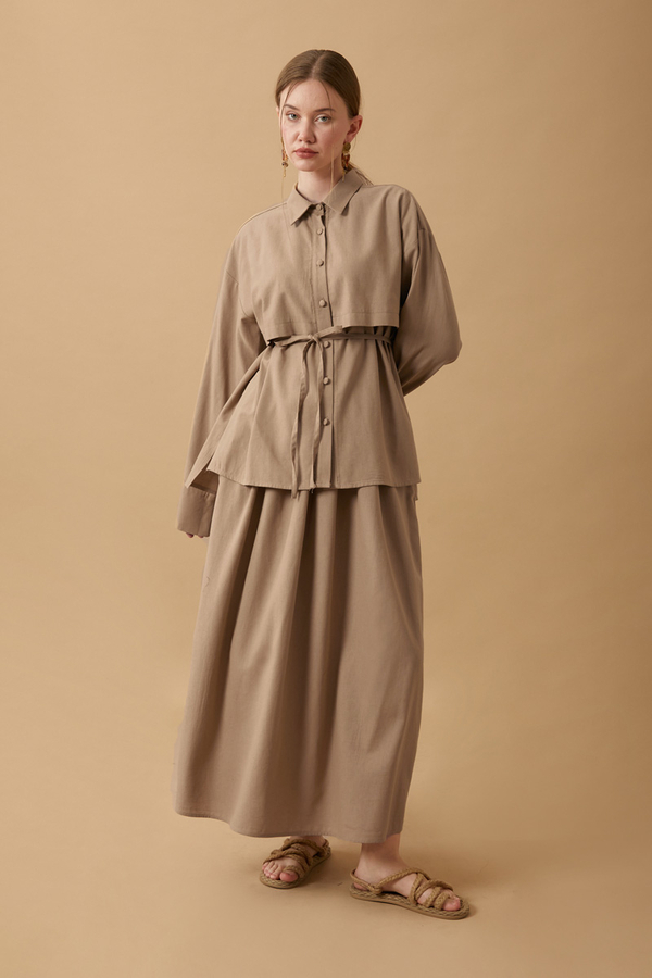 Rüzgarlıklı Keten Etek Takım Vizon - 15