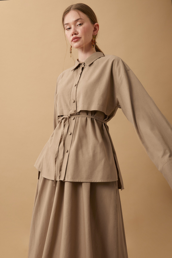 Rüzgarlıklı Keten Etek Takım Vizon - 14