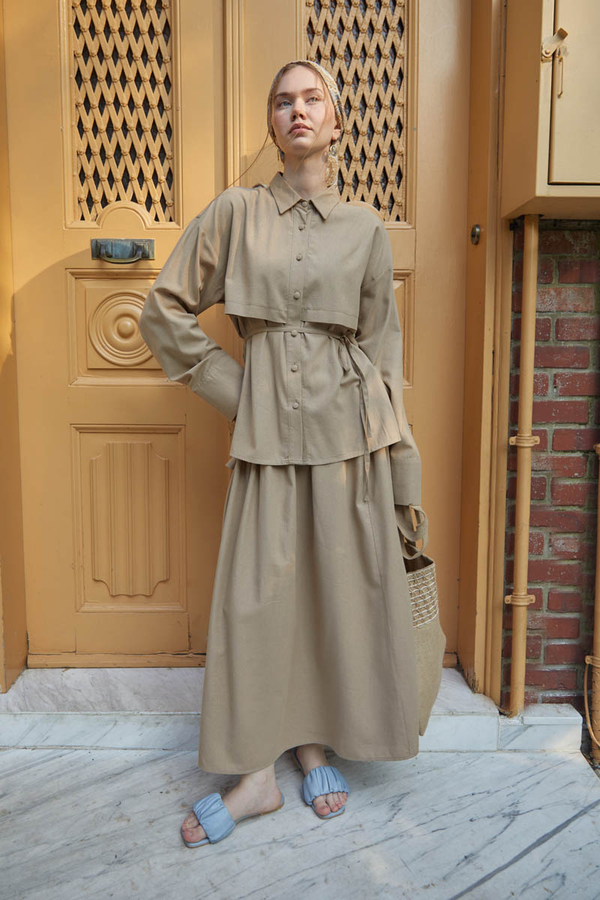 Rüzgarlıklı Keten Etek Takım Vizon - 4