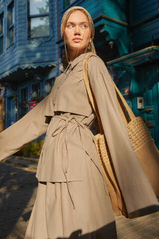 Rüzgarlıklı Keten Etek Takım Vizon - 5