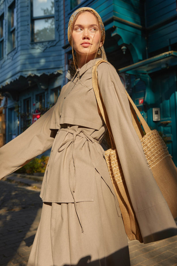 Rüzgarlıklı Keten Etek Takım Vizon - 5