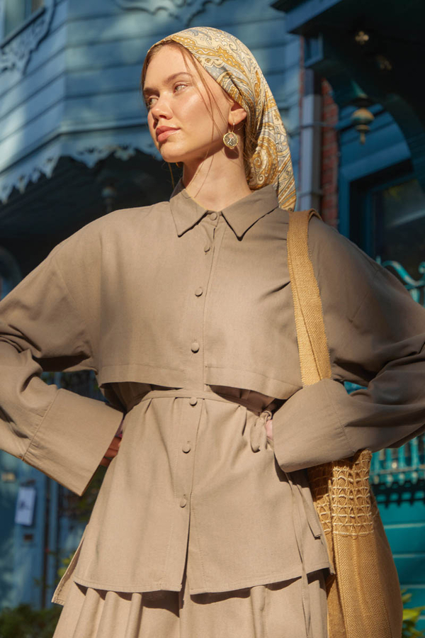 Rüzgarlıklı Keten Etek Takım Vizon 