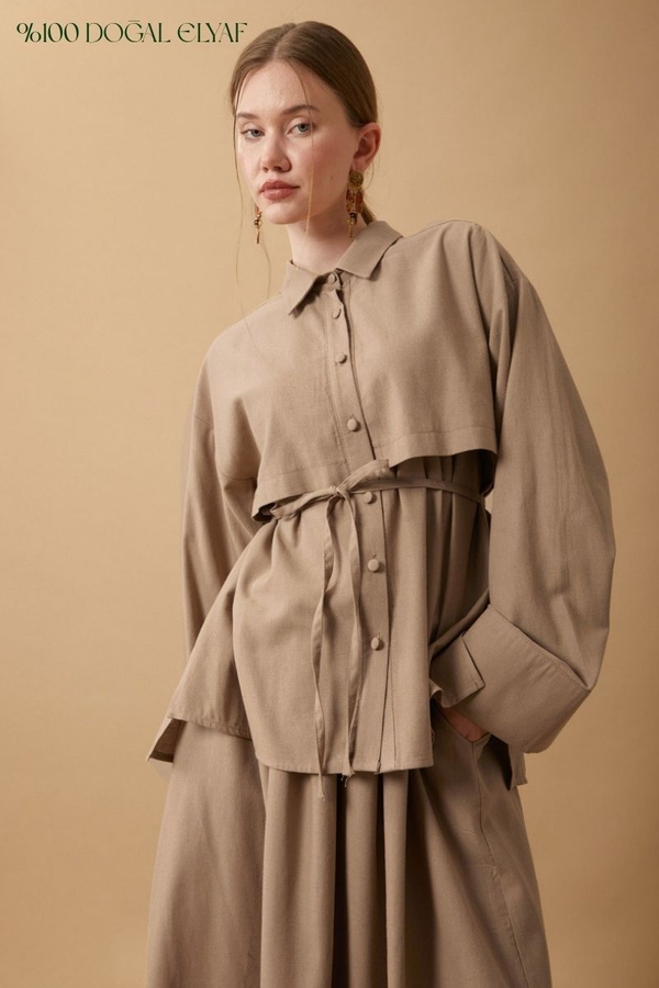 Rüzgarlıklı Keten Etek Takım Vizon - 12