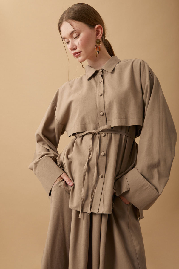 Rüzgarlıklı Keten Etek Takım Vizon - 19